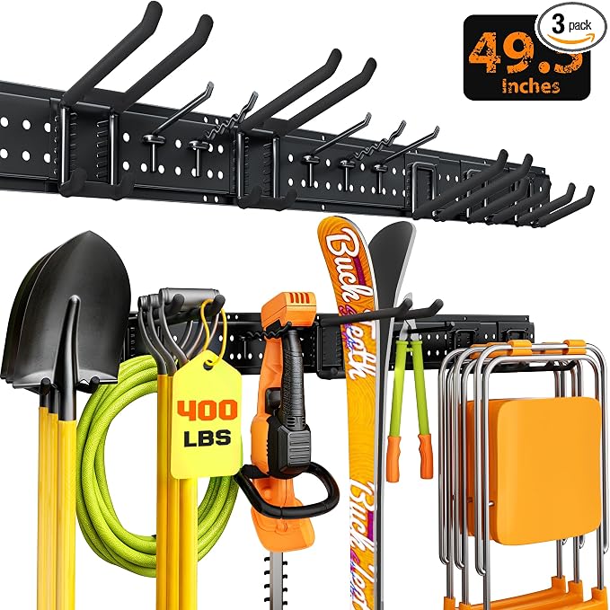 Garage Tool Organizer Wall Mount 49.5 inches with 10 Adjustable Heavy-Duty Hooks, Garage Organization, Garden Tool Storage Rack for Garage, Yard, and Shed, Holds Up to 400 lbs