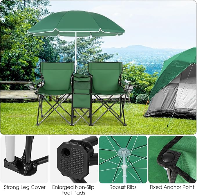 Goplus Double Camping Chair with Umbrella, Folding Loveseat Chairs w/Canopy Shade, Carrying Bag, Table, Cup Holder, Portable Beach Chairs Outdoor Picnic Patio (Green)