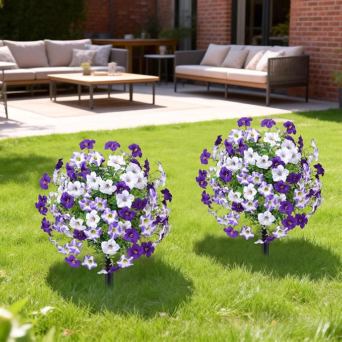 23" Artificial Boxwood Topiary Ball Trees with Petunias Flowers, Set of 2 Faux Outdoor Plants with Ground Spike for Outdoors, UV Resistant Fake Flowers for Outdoor Garden Yard Front Porch Patio Decor