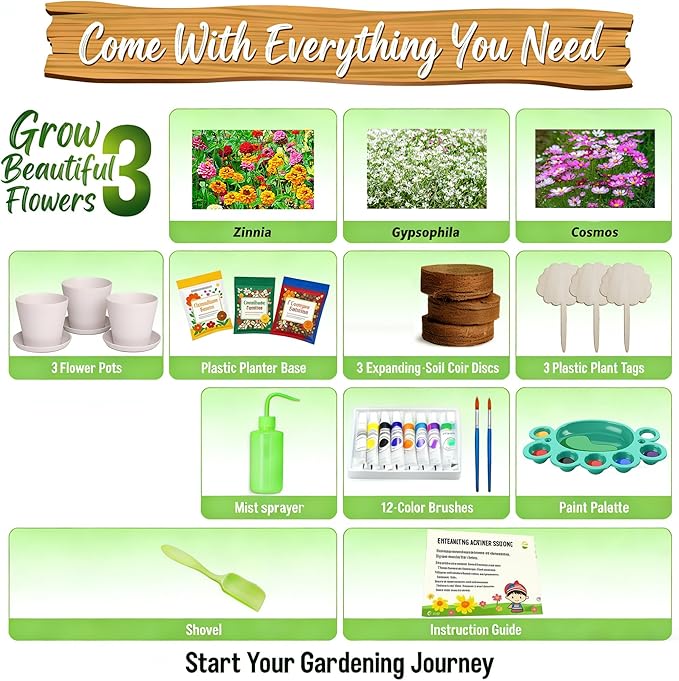 Paint & Plant Flower Growing Gardening Kit with 3 Pots for Kidz - Gardening Tools Set Easter Gifts for Girlz & Boyz Agez 5, 6, 7, 8, 9, 10, 11 & 12 Yearz Old Girlz