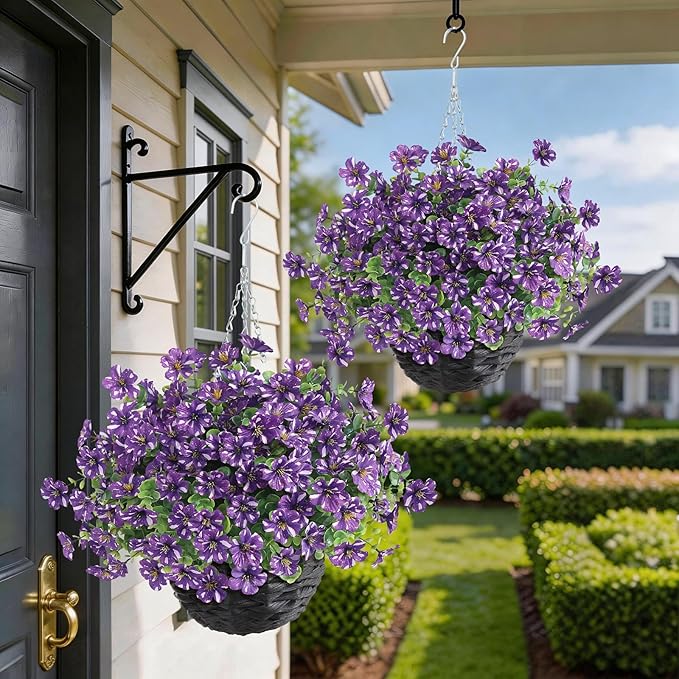 GLIDLION Artificial Flower & Eucalyptus with Hanging Basket - 2PCS Faux UV Sun Resistant Morning Glory in Planter, Fake Colorful Silk Flowers for Spring Summer Porch Patio Balcony Yard Decor (Purple)