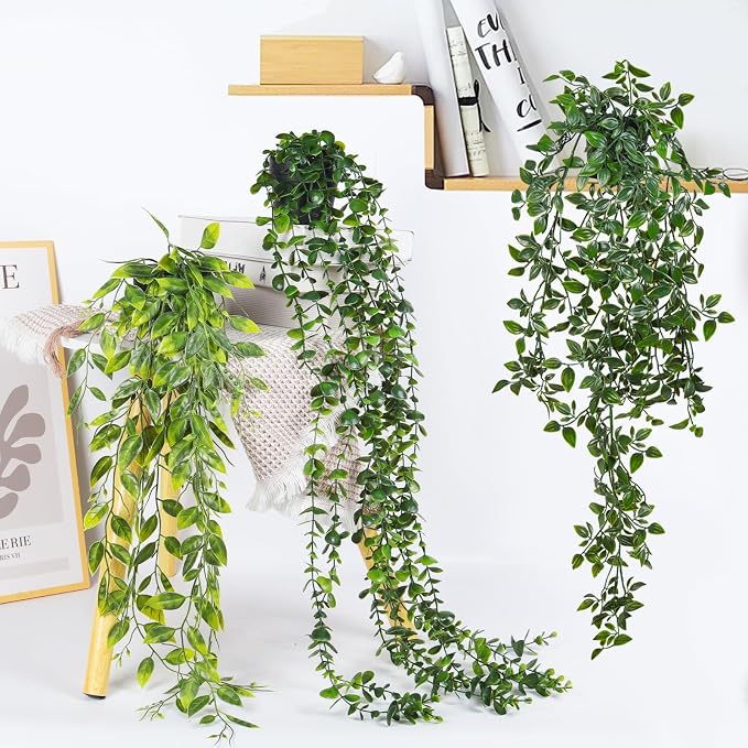 RECUTMS Fake Hanging Plants with Pots 3 Pack Artificial Ivy Vine Fake Potted Eucalyptus Plants Mandala Ivy Vine Leaves Pea Pod Summer Home Room Shelf Wall Indoor Outdoor Wedding Graduation Decor