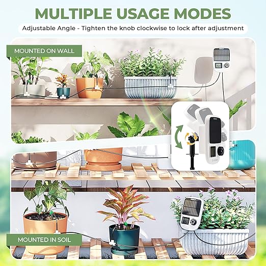 HIRALIY Solar Automatic Drip Irrigation System, Solar Powered Watering Device with Timer for Pots Plants, Pressure Balanced Drippers, with USB Port, for Indoor Irrigation Kit, Includes Battery