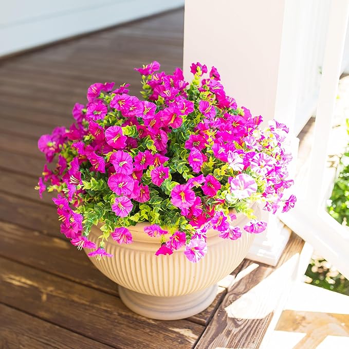 HyeFlora Artificial Flowers for Outdoors Fake Plants Outside Decoration, 12 Bundles Faux Fuchsia Morning Glory UV Resistant Look Real Silk Flowers for Outside Planter Front Door Porch Patio Yard Urn