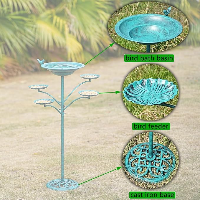 HOUYANG 35 "H Cast Iron Base Bird Bath for Outside, Metal Bird Feeding Bowl Tray, Metal Bird Bath Garden Patio Decor(Green)