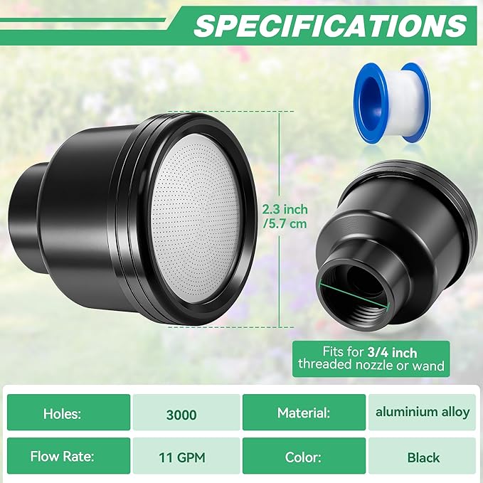 Dreyoo 1 Pack Water Nozzle with 3000 Tiny Holes, 3/4'' Aluminium Alloy Garden Hose Shower Head with PTFE Thread Seal Tape for Outdoor Watering Flowers, Plants, Greenhouse, Nurseryman (2.36'',Black)