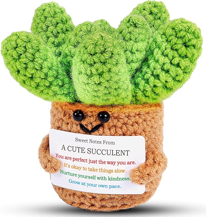 JELUTAR Crochet Positive Succulent Plant Thank You Gifts for Birthday Easter Mother's Day, Emotional Uplifting Gifts for Women Men Mom Dad Friends Wife Coworkers Cute Funny Decors (Cute Succulent)