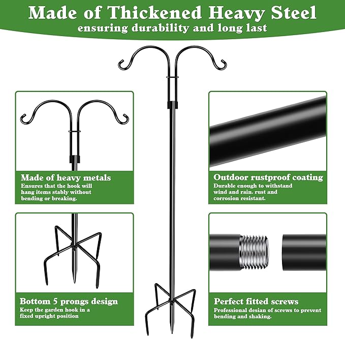 LWWTBS Double Shepherds Hooks for Outdoor (2Pack,76 inch) Heavy Duty Adjustable Bird Feeder Pole Garden Decor Shepherds Hook for Hanging Bird Feeder, Plant Baskets, Hummingbird Feeder for Outside