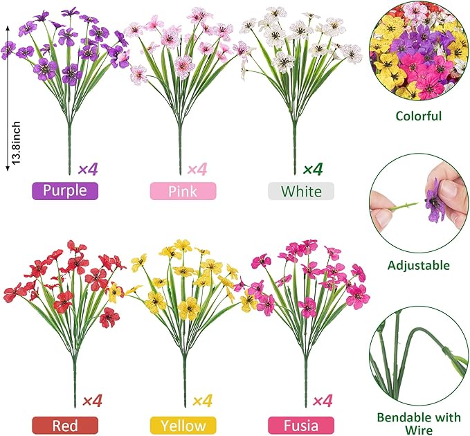 Roberly 24 Bundles Artificial Flowers for Outdoors UV Resistant Silk Fake Flowers Faux Plastic Plants for Porch Garden Window Box Indoor Outdoor Spring Summer Home Farmhouse Decor, Multicolor