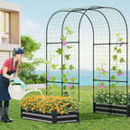 SUNYRISY Galvanized Raised Garden Bed with 87" H Arch Trellis for Climbing Plants Outdoor, Metal Planter Box with Netting for Gardening Flowers Vegetables Fruit, Black