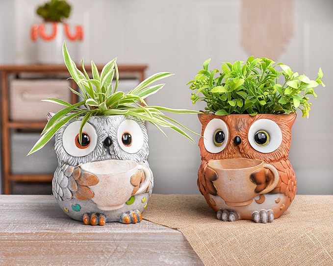 Saysmile Unique Owl Plant Pots Indoor, Cute Small Succulent Pots with Drainage Hole, Watering Owl Planters for Indoor Outdoor Plants, Resin Flower Pot for String of Pearls, Gift Ideas for Mother
