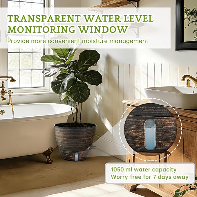ZMTECH 10 Inch Self Watering Pots for Indoor Outdoor, Bronze Large Plastic Planter with Water Level Indicator, Drainage Hole & Removable Saucer for Garden Flowers, Decorative Plant Container