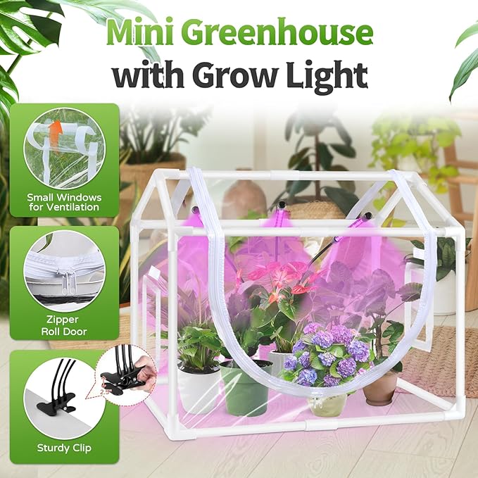 Indoor Mini Greenhouse with Grow Light, Tabletop Small Greenhouse for Beginners, All-in-One Tiny Plant Nursery Kit with Adjustable LED Light & Timer, Smart Grow Tent for Herbs, Gardening Gift