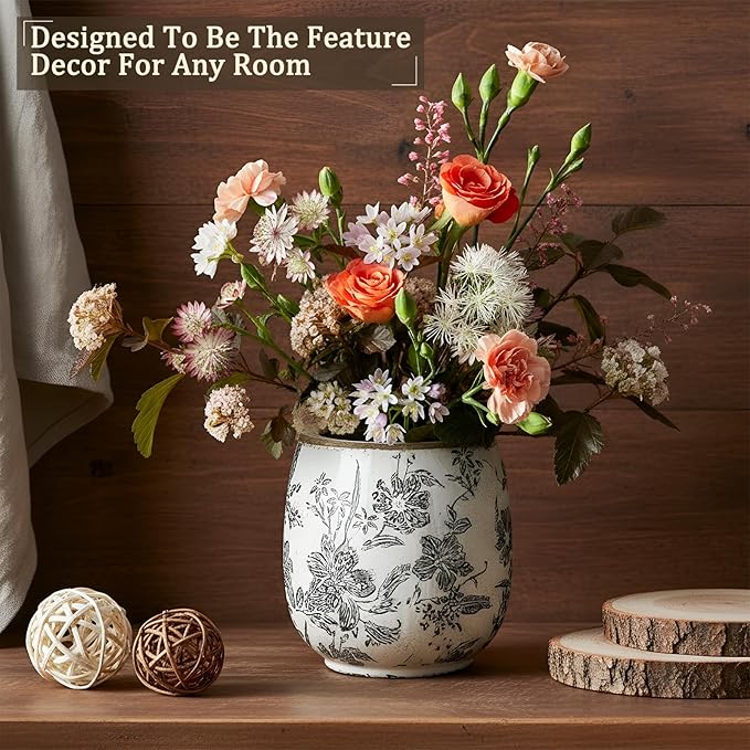 SiliFine Vintage Ceramic Flower Pot with Ice Crackle Rustic Planter with Drainage Holes for Indoor and Outdoor Decor Home Living Room Garden Decor Gardening Gift (Rustic Grey Style)