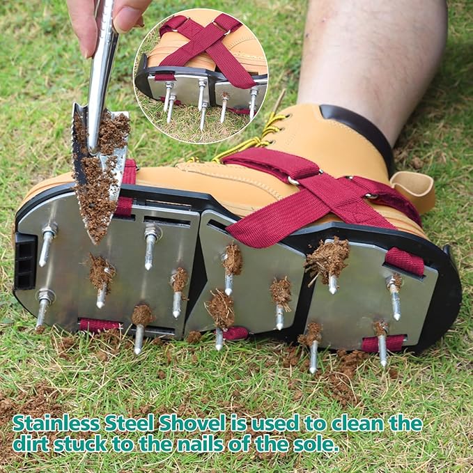 Lawn Aerator Shoes for Grass - Pre-Assembled Grass Aerator Shoes for Lawn - Soil Yard Aerator Tool for Aerating Patio Garden, Red, Medium Size