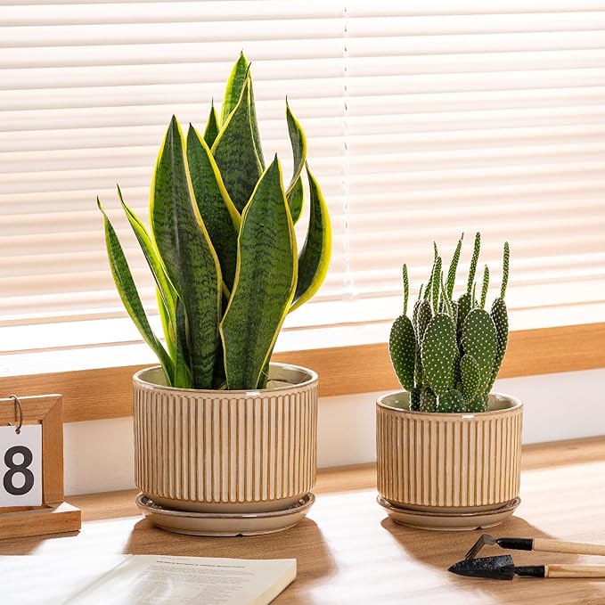 Beige Ceramic Planter Set of 3, 4.3+5.5+6.7 Inch Indoor Plant Pots with Drainage Hole, Saucer & Mesh Pads, Ceramic Striped Decorative Plant Pots for Garden Pots, Outdoor and Indoors Planters