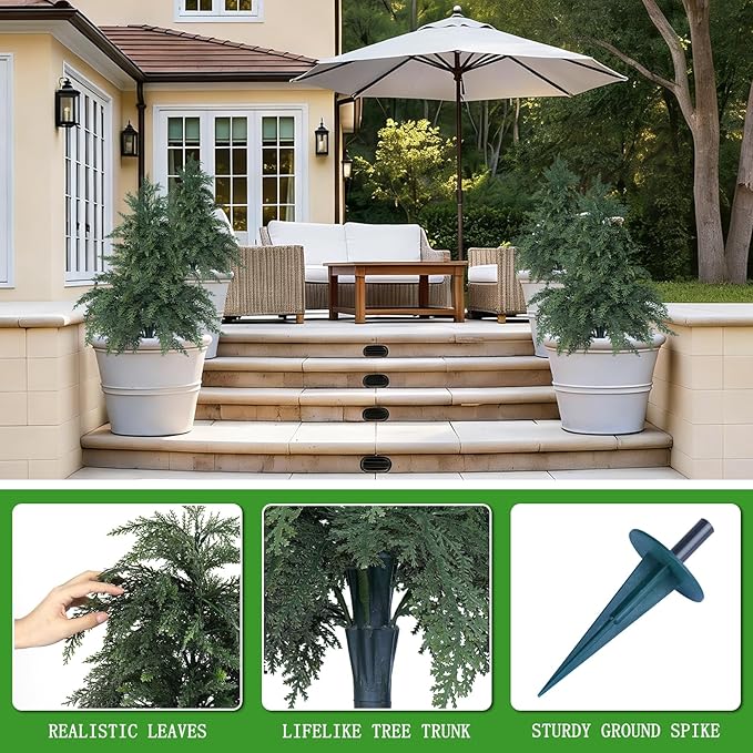 Yangrass 2 Pack 24" Cypress Topiary Trees Artificial Outdoor with Ground Spike, UV Resistant Fake Shrubs Bushes Faux Cedar Pines Trees, Real Touch Faux Evergreen Plants for Home Front Porch Garden