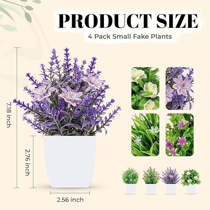 Der Rose 4 Pack Small Fake Flowers Plants Spring Decorations for Centerpiece Table Decorations Desk Home Bathroom Office Decor