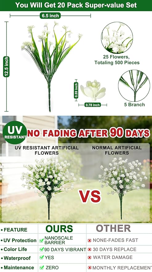 TURNMEON 20 Bundles Artificial Flowers for Outdoors,Spring Grass Camellia Fake Flowers Plastic Plants,UV Resistant No Fade Faux Greenery for Gardens Porch Planter Summer Cemetery Decor 500 Head(White)