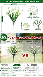 TURNMEON 20 Bundles Artificial Flowers for Outdoors,Spring Grass Camellia Fake Flowers Plastic Plants,UV Resistant No Fade Faux Greenery for Gardens Porch Planter Summer Cemetery Decor 500 Head(White)