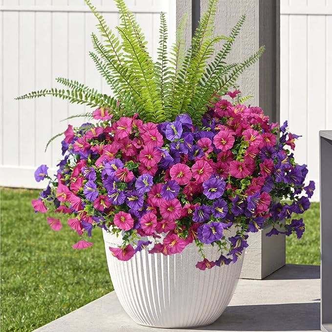 Hrobek Artificial Flowers for Outdoors Faux Plants Outside Indoor,UV Resistant Silk Fake Morning Glory Tall Ferns for Home Patio Garden Back Yard Front Porch Decor(13 Bunches,Dk. & Lt. Purple)