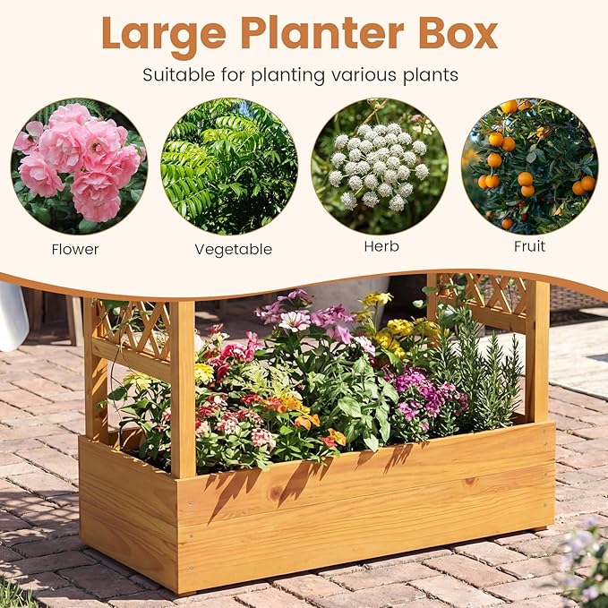 Happygrill 70” Raised Garden Bed with Trellis, Wood Planter Box w/Hanging Roof, 2 Side Trellises, Open-ended Base for Flower, Vegetable, Vine Climbing Plant, Vertical Plant Container for Garden, Patio