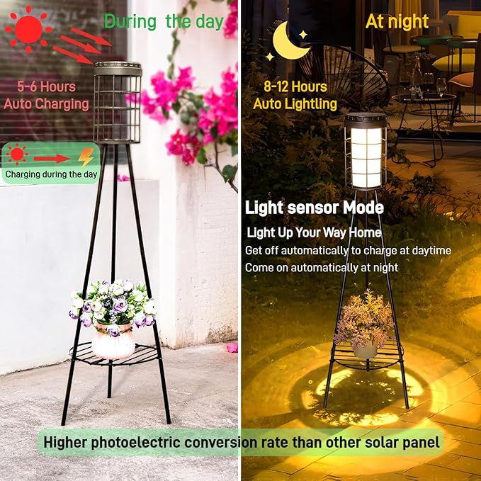 38 inch Solar Floor Lamp with Tripod Plant Stands, Waterproof Outdoor Solar Lights for Garden, Porch, Yard, Backyard, Patio (2 Pack)