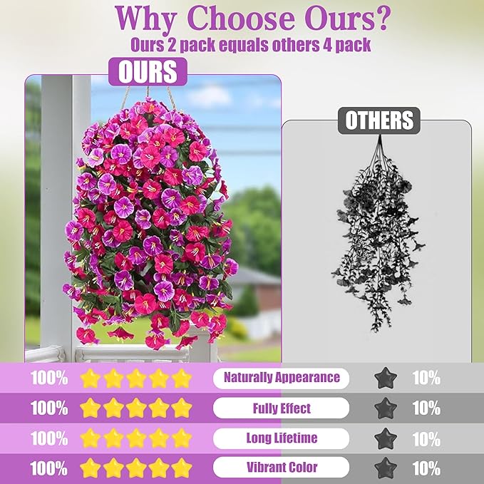 Artificial Fake Hanging Flowers Plants for Outdoor Outside Spring Summer Decoration 2PCS Faux Silk UV Resistant Realistic Morning Glory Trailing Vines for Home Porch Patio Balcony(Rose red & Magenta)