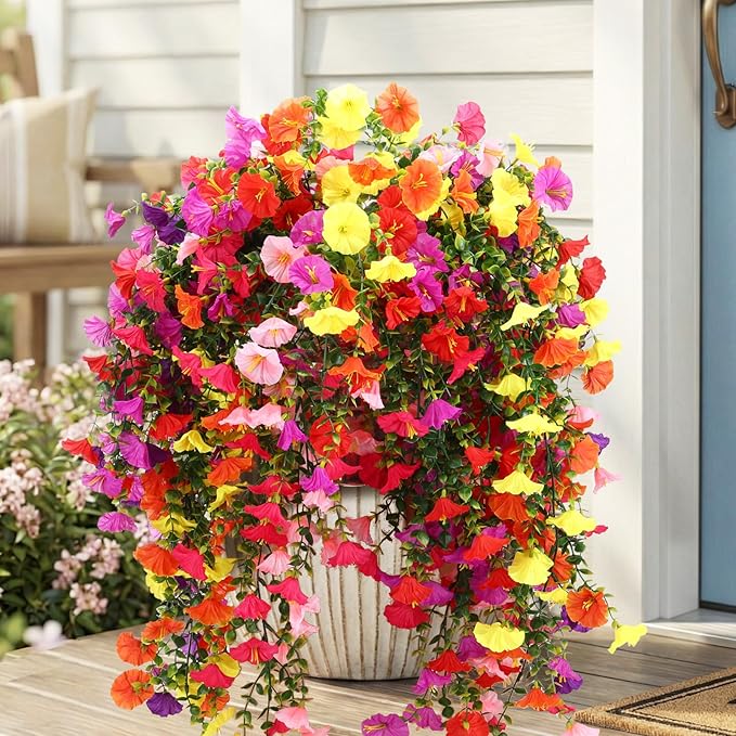 CEWOR 4pcs Artificial Hanging Plants for Outdoor, Fake Flowers Faux Silk Morning Glory with Eucalyptus, UV Resistant Realistic Faux Flower Greenery for Outside Indoor Home Porch Patio Decor