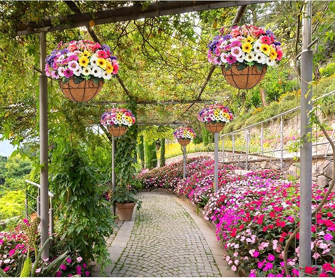 Ouddy Decor Artificial Hanging Flowers with Basket, Fake Silk Hanging Flowers in Coconut Lining Basket Faux Hanging Plants for Outdoor Indoor Spring Garden Porch Patio Balcony Home Decor, Multicolor