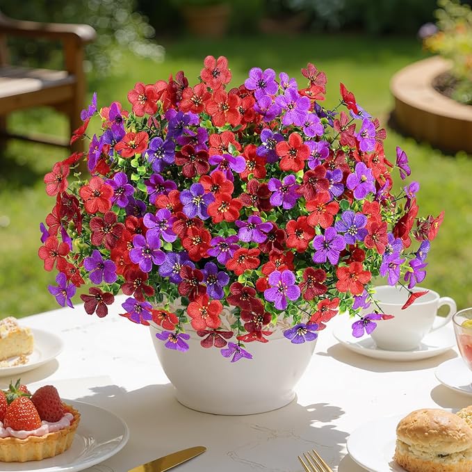 Alupssuc 20 Bundles Artificial Flowers for Outdoor Indoor Decoration, UV Resistant No Fade Fake Plants Eucalyptus, Colorful Faux Spring Flowers for Outside Yard Porch Patio Garden Home Window Box
