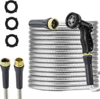 Stainless Steel Garden Hose 25ft Heavy Duty Metal Water Hoses with 10 Function Water Hose Nozzles for Yard Outdoor