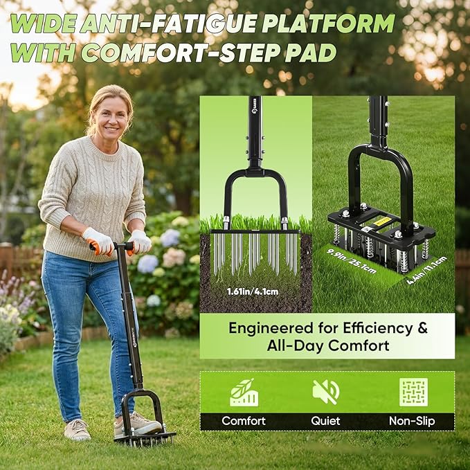 Sakerplus Aerator Lawn Tool, Spike Lawn Aerator with Auto-Return Self-Cleaning Tines, Anti-Fatigue Comfort Pad, Reinforced Anti-Breakage Joints, 15 Steel Tines for Garden Healthy Grass Aeration -Black
