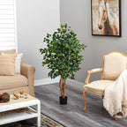 Nearly Natural 4ft Triple Trunk Artificial Ficus Tree With Natural Wood Trunks, Indoor Faux Ficus, Black Nursery Pot, Living Room Home Decor