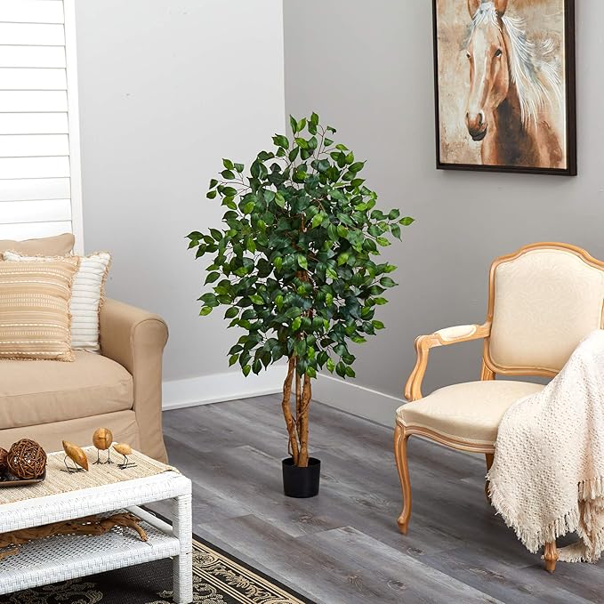 Nearly Natural 4ft Triple Trunk Artificial Ficus Tree With Natural Wood Trunks, Indoor Faux Ficus, Black Nursery Pot, Living Room Home Decor