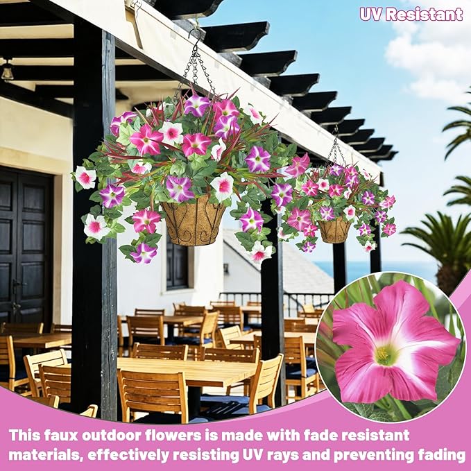 2 Packs Artificial Flowers Hanging Baskets for Outdoors, 10 PCS UV Resistant Faux Outdoor Plants, Fake Petunias Silk Flowers for Garden Balcony Yard Porch Decor (White Red Lotus)