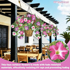 2 Packs Artificial Flowers Hanging Baskets for Outdoors, 10 PCS UV Resistant Faux Outdoor Plants, Fake Petunias Silk Flowers for Garden Balcony Yard Porch Decor (White Red Lotus)