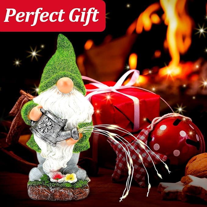 VChymm Flocked Solar Garden Gnomes Outdoor Statues-11.8‘’Outdoor Garden Decor-LED Outdoor Decor Light-Unique Housewarming Gifts Yard Art Sculptures for Patio Lawn Ornaments