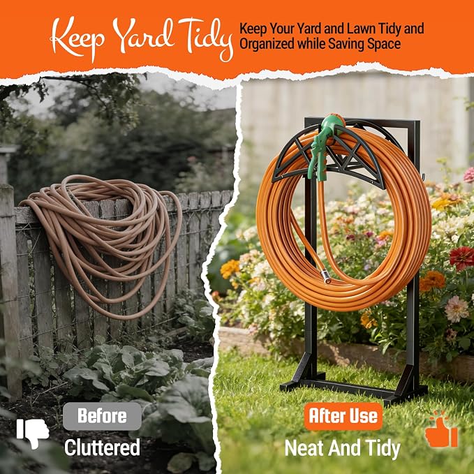 2 Pack Garden Hose Holder, Heavy-Duty Metal Stand with Stable Base & 2 Tool Hooks, Freestanding Storage Rack for Outside, Holds 150ft – Hose Holders for Yard & Lawn