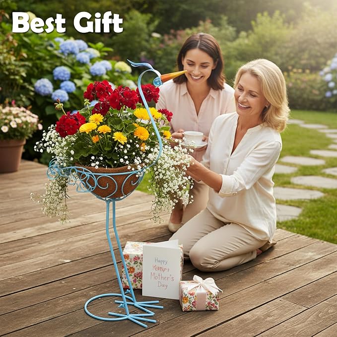 J-Fly 2 Sets Pelican Metal Flowers Plant Holders Stand with Coconut Pots, Plants Stand Indoor Flower Pots Outdoor, Room Home Living Room Front Outdoor Patio Decor, Gardening Valentine Decoration Gifts