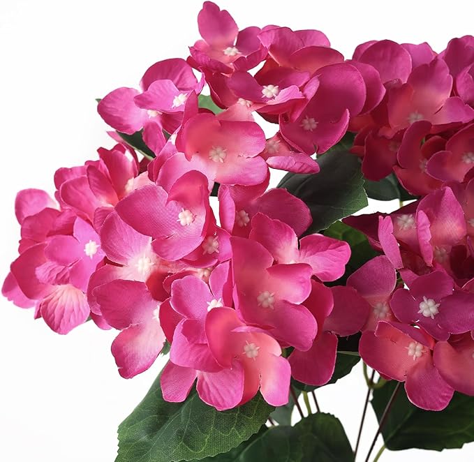 FOTEEWL 16 Bundles Artificial Hydrangea Flowers for Outdoor Decor, Realistic Faux Silk Bouquets Sun-Resistant Fake Plants for Front Door Balcony Farmhouse Garden Home Spring Summer Decor (Rose Red)