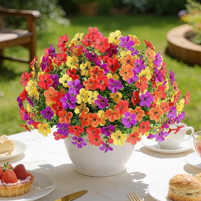 Alupssuc 20 Bundles Artificial Flowers for Outdoor Indoor Decoration, UV Resistant No Fade Fake Plants Eucalyptus, Colorful Faux Spring Flowers for Outside Yard Porch Patio Garden Home Window Box