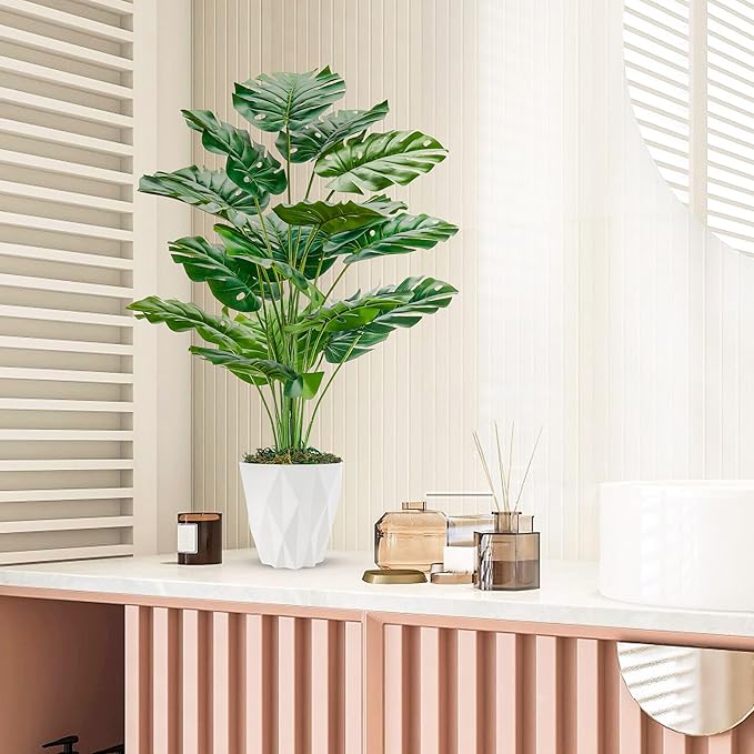Der Rose 2 Pack 28" Fake Plants Large Artificial Monstera Faux Plants Indoor with White and Black Pots for Home Office Living Room Decor