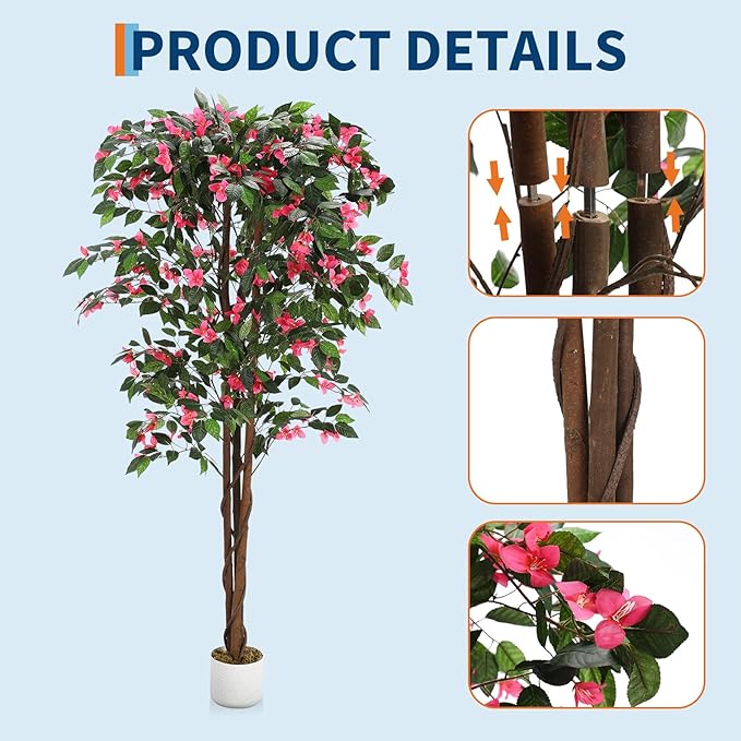 Garvee 6FT Artificial Bougainvillea Tree, Faux Silk Bougainvillea Plant in Pot, Indoor Outdoor Decor, Potted Faux Flower Tree for Home Office Garden Living Room
