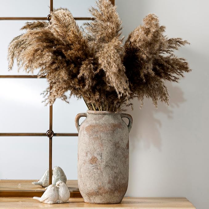 Large Flower Vase Home Decor - 12 inch Tall Ceramic Farmhouse Rustic Table Vases with Handle Living Room Decoration Decorative Modern Vintage for Floor Kitchen Shelf Coffee Dining Desk Fireplace