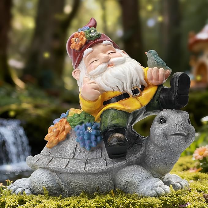 Solar Gnome Statue Outdoor Decor,Gnome on Turtle Figurines with LED Light for for Fairy Garden Yard Balcony Lawn Christmas Housewarming for Women Mom Grandma