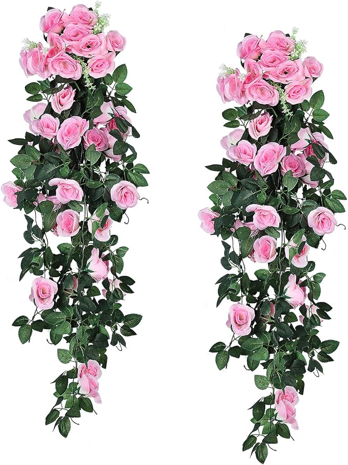 RECUTMS Valentines Day Rose Decorations, Fake Hanging Flower, 2PCS Artificial Rose Vine Plants Flowers Wedding Home Decoration and Wall Décor 3.3Ft Valentines Pink Outdoor Decor (Pink)