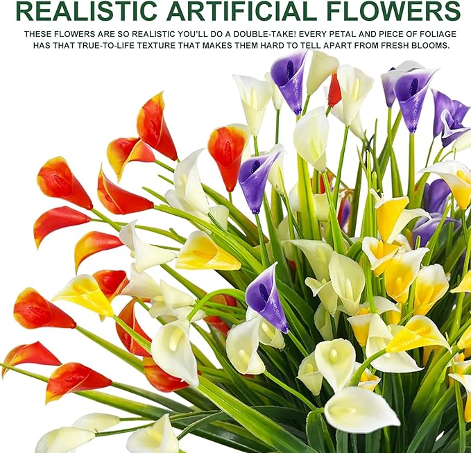 TURNMEON 12 Bundles Calla Lily (240 Heads) Artificial Flowers for Outdoors, Fake Plants UV Resistant Faux Plastic Fake Flowers for Indoor Home Porch Yards Spring Summer Cemetery Decor(Color Mix)