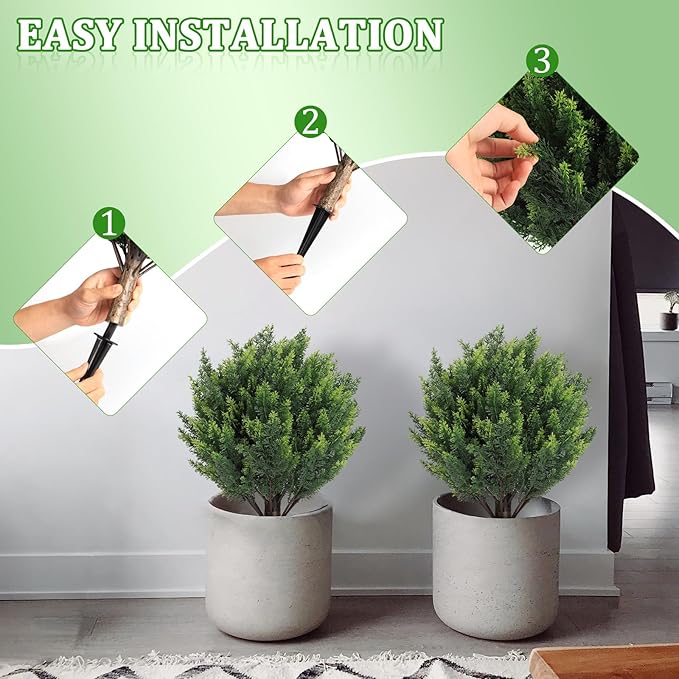 Shinoske 23.8" Artificial Cedar Topiary Ball Trees,Set of 2 Outdoor Faux Evergreen Shrubs with Ground Spike,UV Resistant Fake Cedar Plants for Front,Garden,Porch,Yard