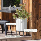 Veradek Demi Series Round Planter w/ Stand for Porch/Patio | Durable Plastic-Concrete & Wooden Stand | Modern Décor for Tall Plants, Flowers